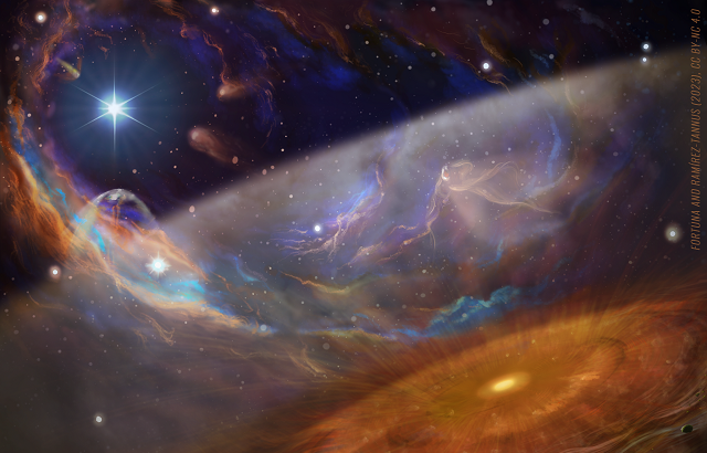 Artist's impression of the massive star-forming region, with the planet-forming disk XUE1 in the foreground. The region is drenched in UV light from massive stars, one of which is visible in the top left corner. The structure near the disk represents the molecules and the dust found by the researchers in their new observations. Image credit: Maria Cristina Fortuna (www.mariacristinafortuna.com)