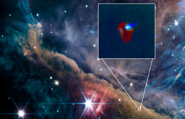 JWST image of the Orion Nebula and zoom with on the proto-planetary system d203-506. Credits: background image NASA/ESA/CSA/S. Fuenmayor/PDRs4All Zoom in: I. Schroetter/O. Berné/PDRs4All