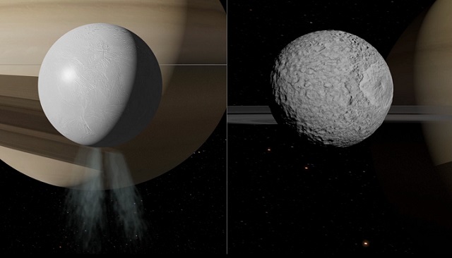 Similar in size and orbiting at a similar distance around Saturn, the moons Enceladus (left, diameter approx. 500 km) and Mimas (right, diameter approx. 400 km) have very different surfaces, seemingly reflecting incompatible internal conditions. And yet, both harbor an ocean of liquid water beneath their surfaces. Credit: Frédéric Durillon, Animea Studio | Observatoire de Paris - PSL, IMCCE