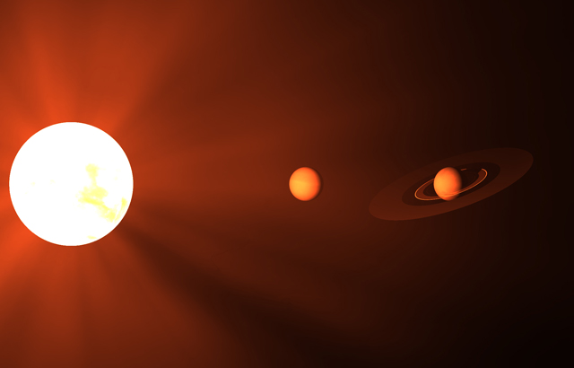 Artistic representation of a low-mass star and planets (not to scale): The red-hue colour tries to reproduce the colour of the ambient light a human might perceive on planets around such red-stars.