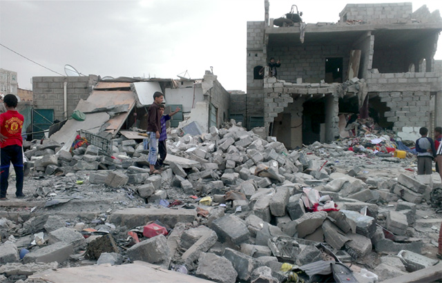 The aftermath of an airstrike in Sanaa, Yemen 