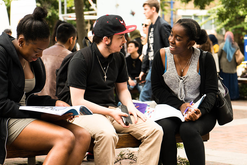 Students in the library courtyard