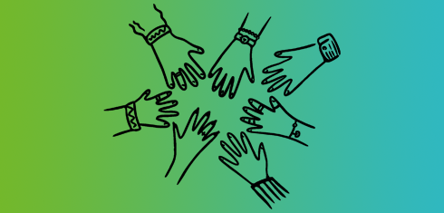 A drawing of seven hands reaching towards each other. The hands belong to different people and can be distinguished by rings, bracelets, different cuffs. The drawing is in black on a green background.
