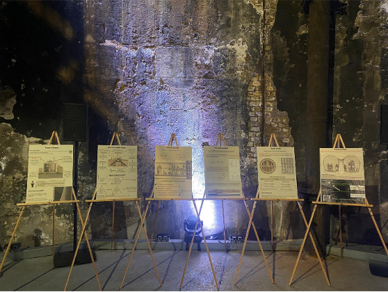 Six posters on wooden easels at the Brunel Museum
