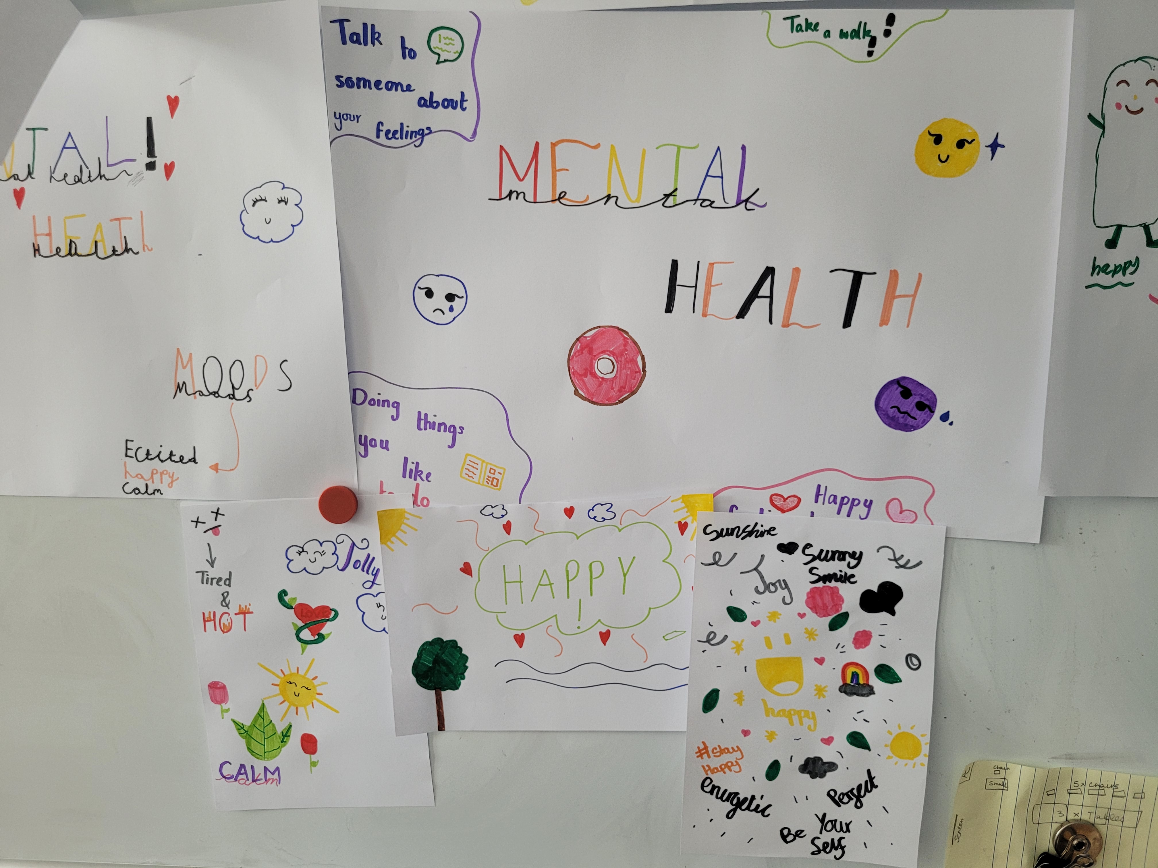 Children's drawings representing their feelings about mental health. Felt tip pen drawings on white paper showing pictures of trees, sunshine, hearts, smiling and unhappy emojis, clouds and rainbows accompanied by words like, mental health, calm, happy, joy, take a walk.