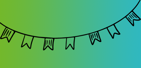Line drawing of one strand of bunting on a green and blue gradient