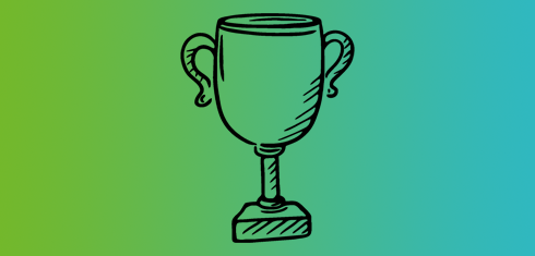 Line drawing of a trophy on a green and blue gradient