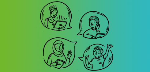 Line drawing of a series of speech bubbles with people inside on a green and blue gradient
