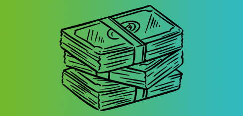 Line drawing of a stack of money on a green and blue gradient