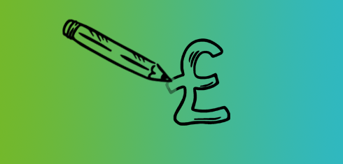Line drawing of a pencil and a £ on a green and blue gradient background