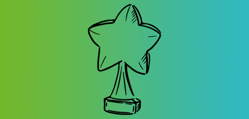 Line drawing of a trophy in the shape of a star on a green and blue gradient background