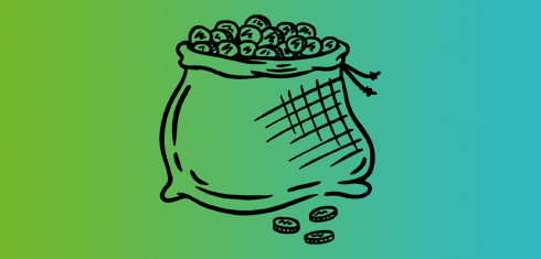 Line drawing of a sack containing coins on a green and blue gradient background