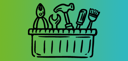 Line drawing of box containing tools on a green and blue gradient background
