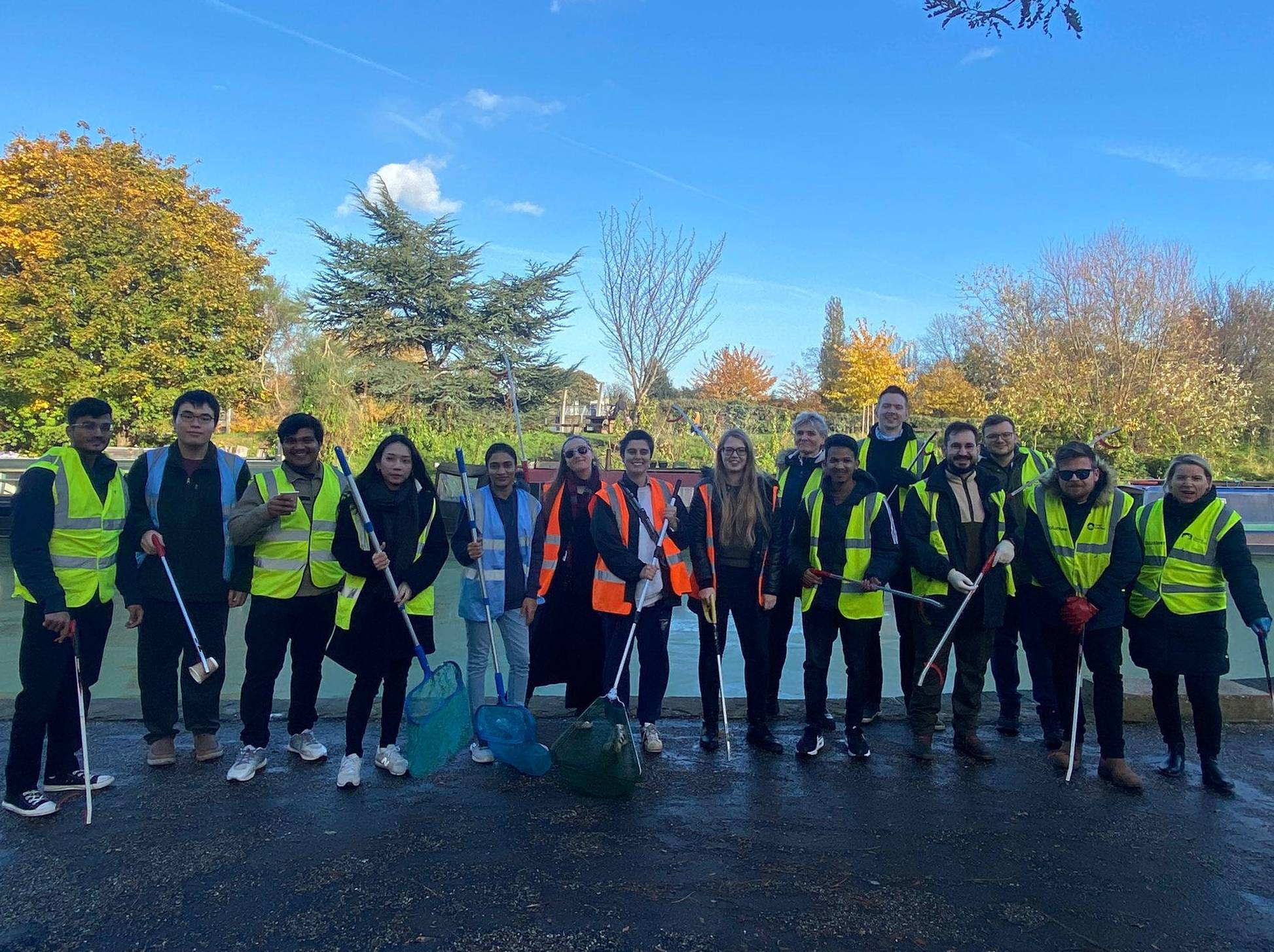 Student volunteers at the Big Green Canal Clean after litter picking to clean up the canal as part of Sustainability Week,