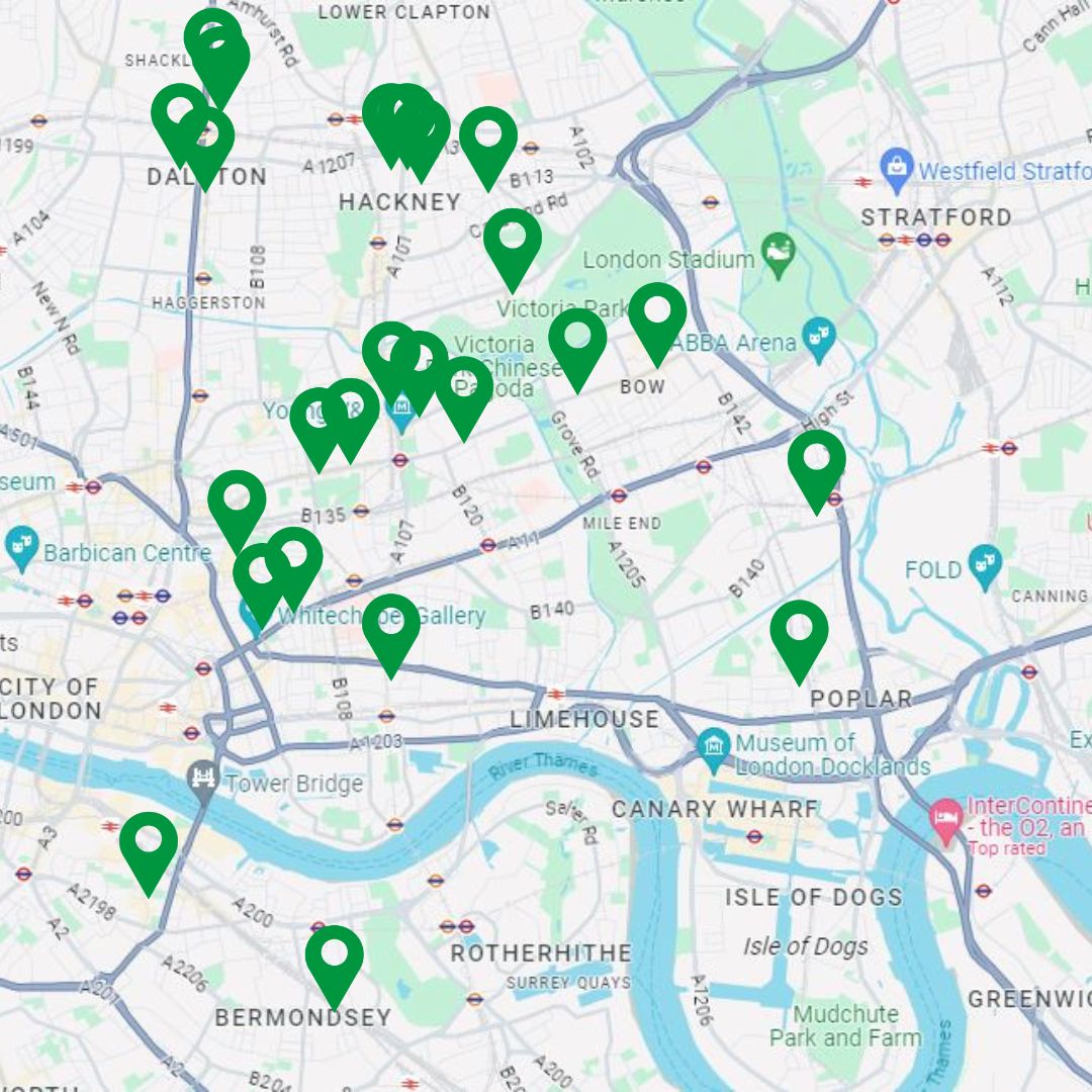 A map of the local area around the Mile End Campus and the Whitechapel campus with markers indicating charity shops.