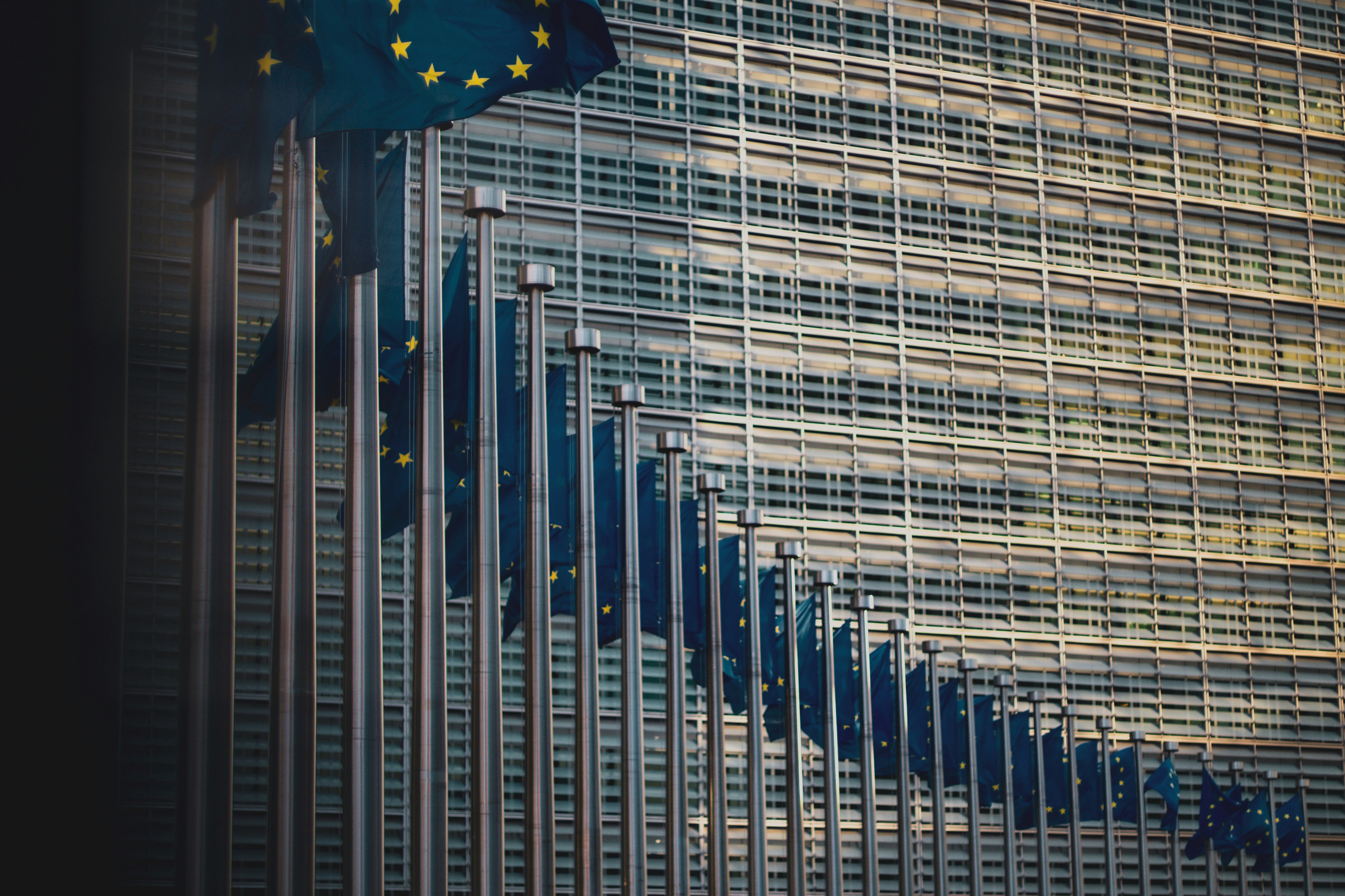 EU flags hanging outside European Parliament