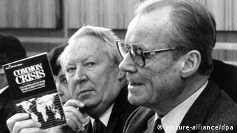 Photo of Willy Brandt unveiling the Brandt Report next to former Conservative Prime Minister Edward Heath who served as Vice-Chair of the Brandt Commission