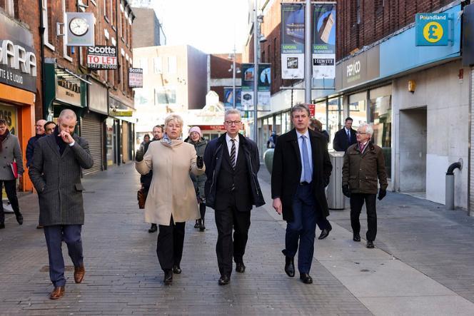 Photo of Michael Gove visiting Grimsby High Street to promote the Levelling Up White Paper.