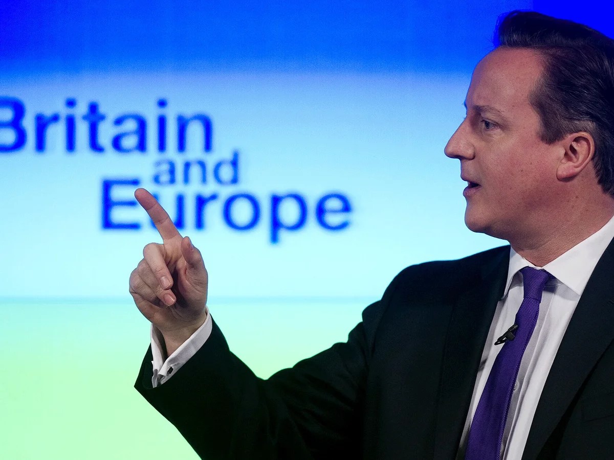 Photo of then Prime Minister David Cameron making his 'Bloomberg Speech' in January 2013, against a blue background that says 'Britain and Europe'