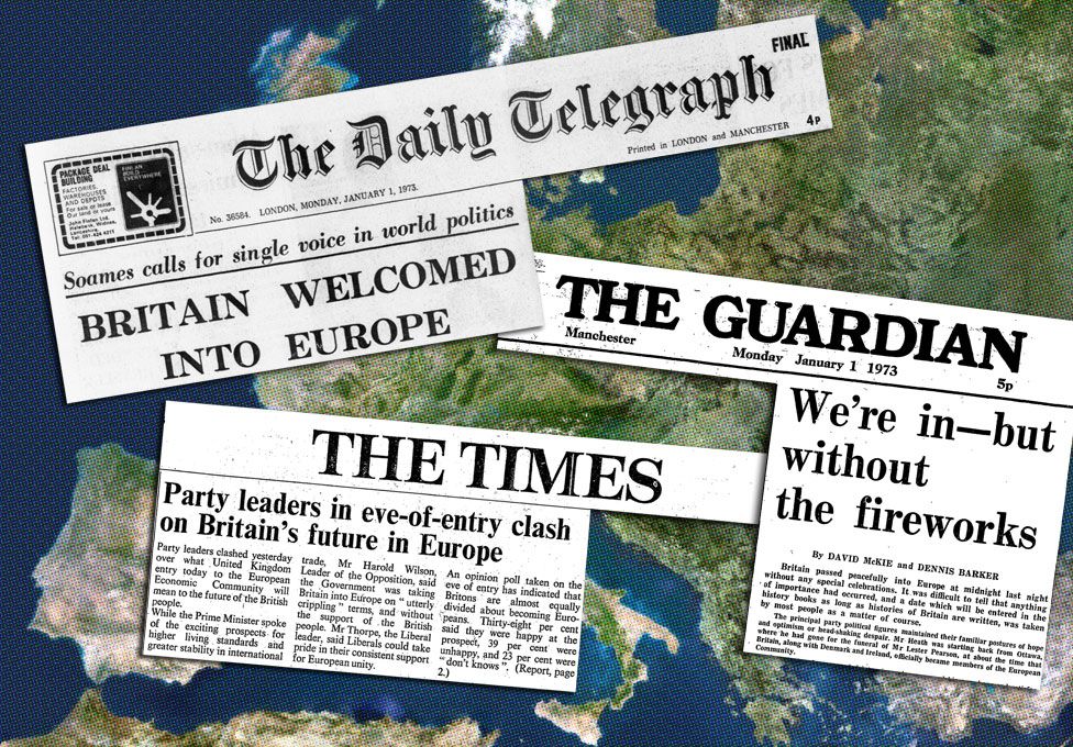 Edited picture of newspaper front covers from Britain's entry to the EEC in January 1973 overlaid on a map of continental Europe. Photo credit to BBC News