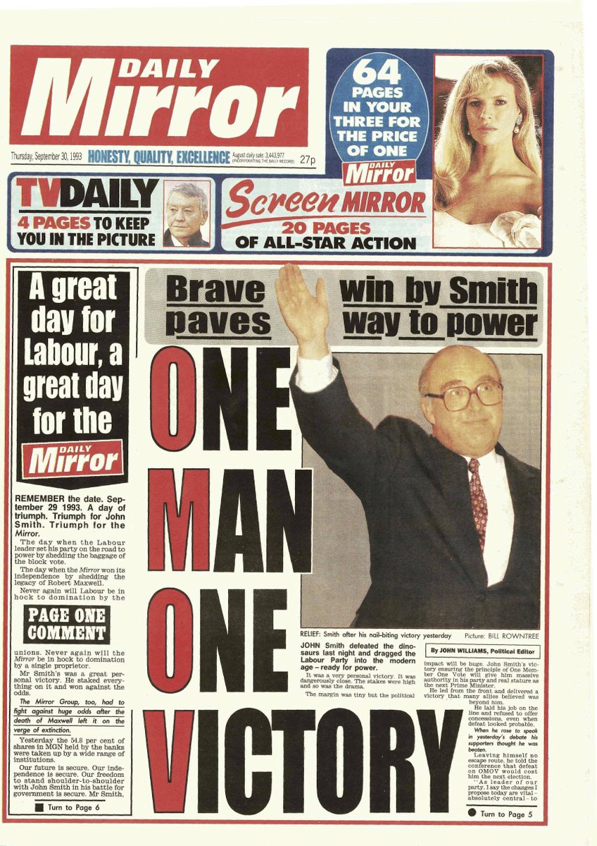 Cover of the Daily Mirror showing John Smith after the adoption of One Member One Vote for Labour Party elections