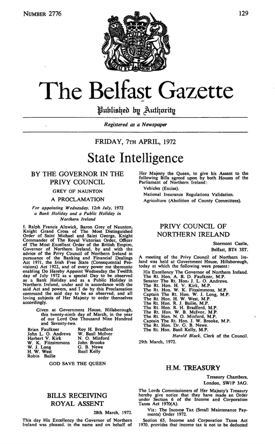 Page from the Belfast Gazette recording the final Privy Council of Northern Ireland meeting