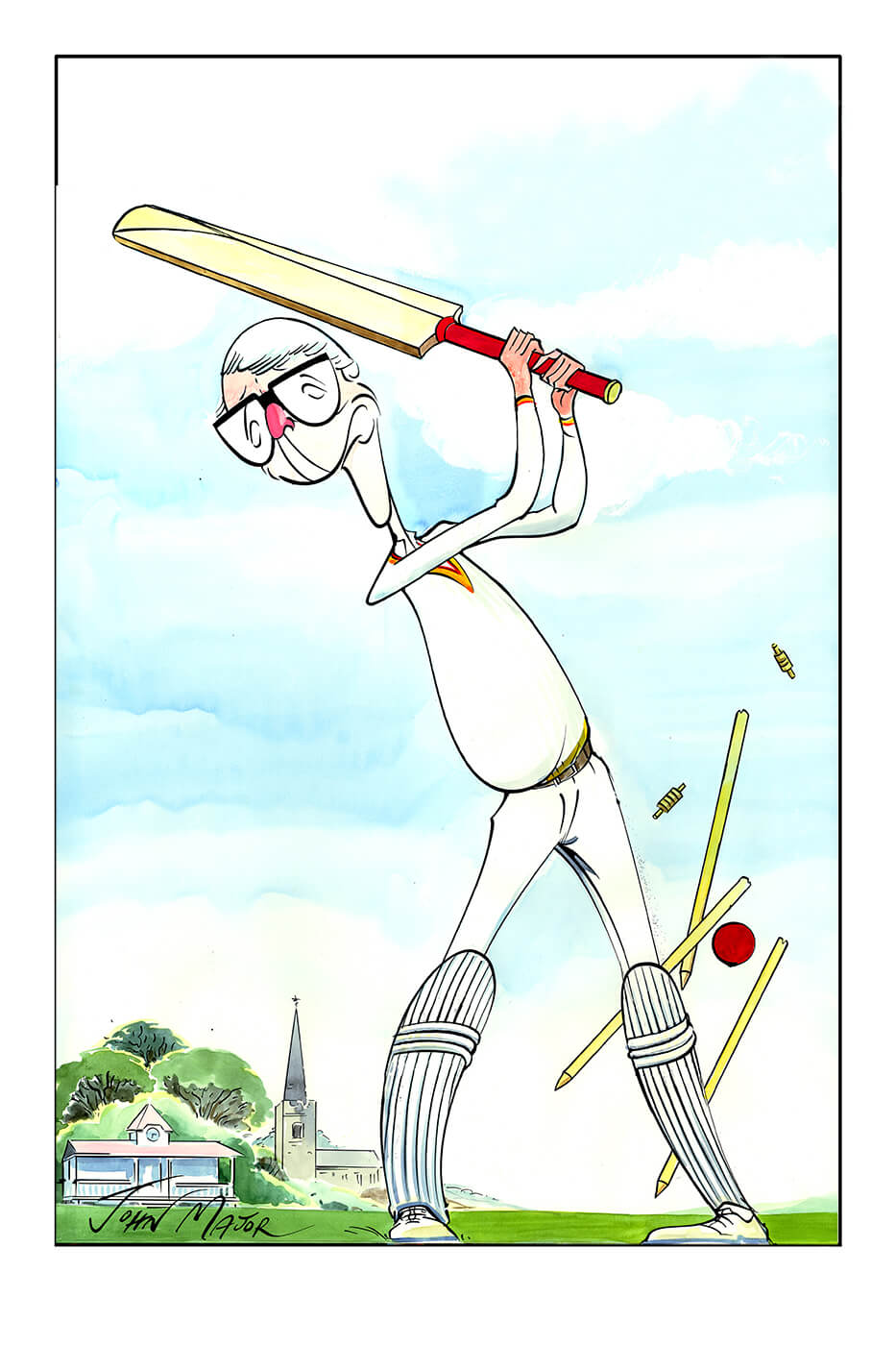 Gerald Scarfe's cartoon of John Major, showing the Prime Minister playing cricket on an English village green and being clean bowled.