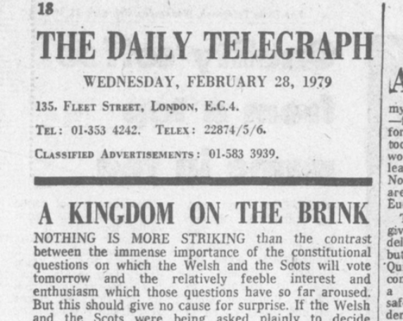Screenshot of Daily Telegraph, proclaiming a 'Kingdom on the Brink' from February 1979.