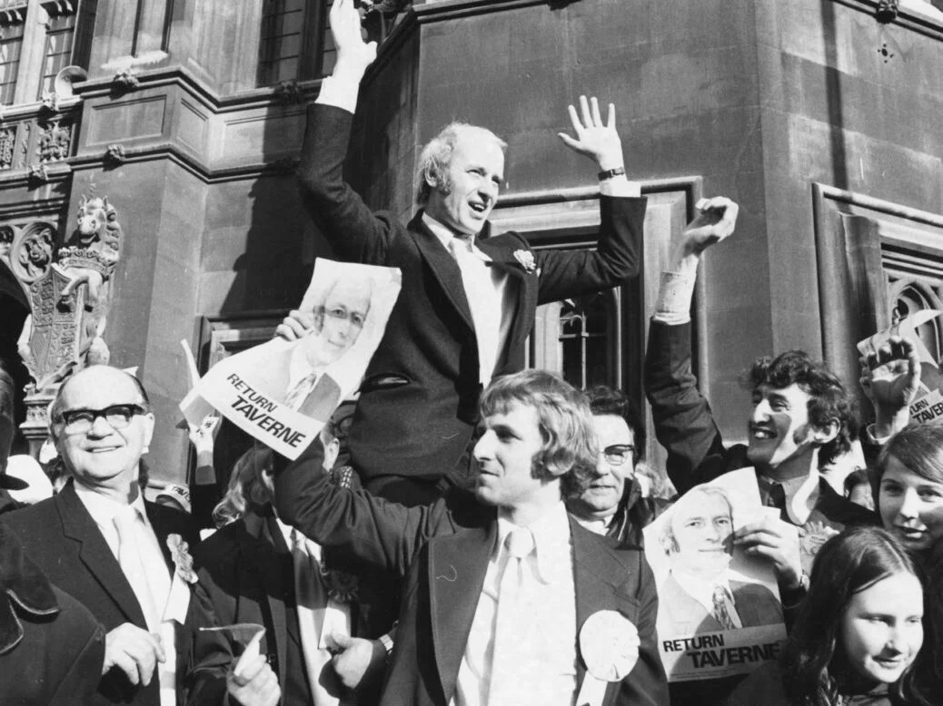Black and white photo of Dick Taverne on the day of the Lincoln by-election in 1973