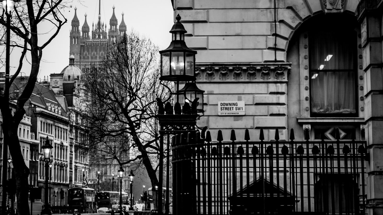 Black and White photo of Downing Street road sign.
