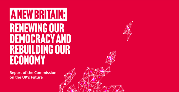 Cover of Gordon Brown's Commission on the Future of the UK Report - a red cover with white text saying 'A New Britain: Renewing our Democracy and Rebuilding our Economy'