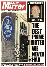 Front cover of Daily Mirror after John Smith, showing Number 10 Downing Street with a blue plaque saying 'John Smith should have lived here'