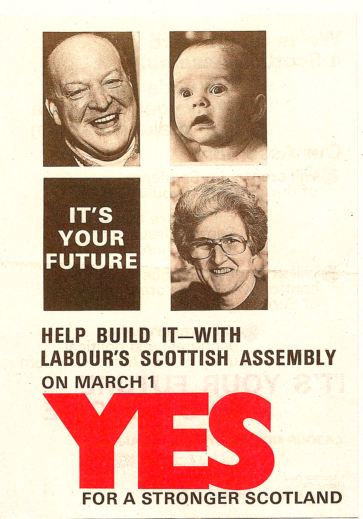 Sepia-coloured poster from 1979 referendum, urging Scots to vote 'Yes' to the Labour Party's Assembly proposals.