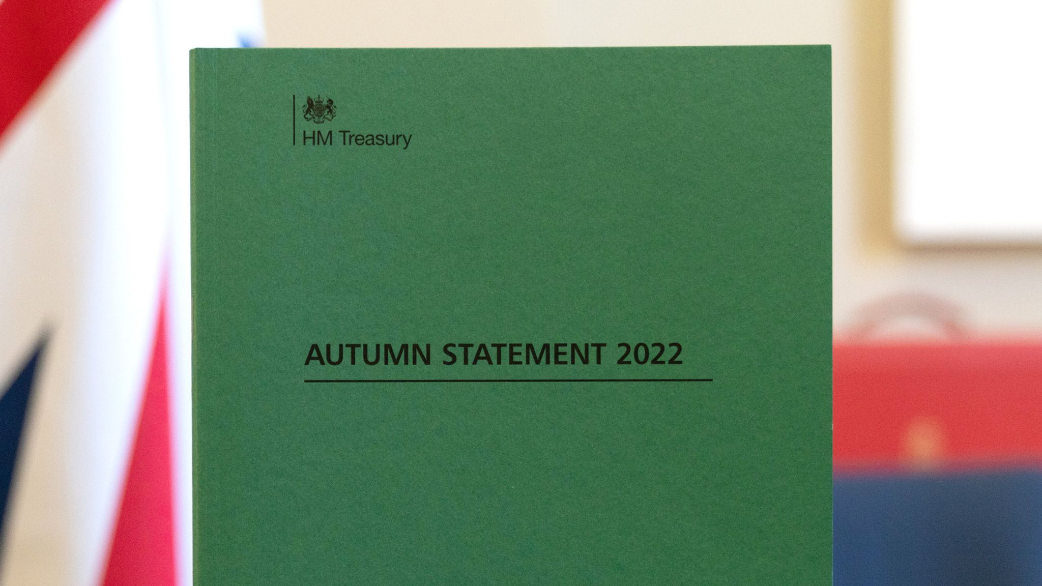 Photo of the front cover of the 2022 Autumn Statement, presented to Parliament by Jeremy Hunt on Thursday 17 November, against a Union Jack background