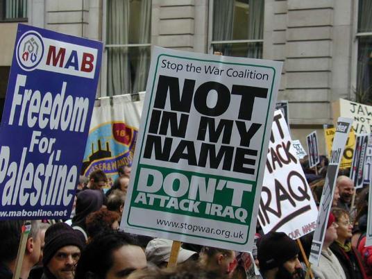 Photo of Stop the War Coalition Protest in London in 2003, protesting against invasion of Iraq