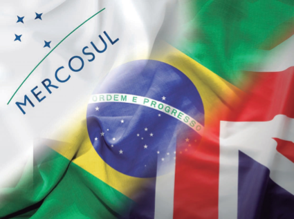 Flags from the UK Brazil and logo of Mercosul