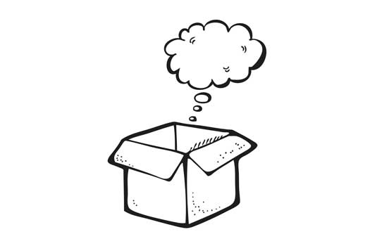 An illustration of an open box with a thought bubble coming out of it