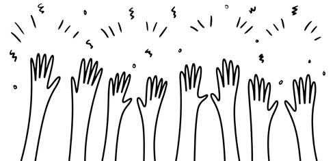An illustration of hands raised in celebration with streamers