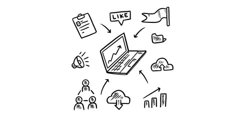 An illustration of a laptop with communication icons pointing towards it