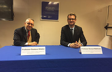 Professor Gustavo Ghidini (Emeritus Professor, University of Milan; Professor of IP and Competition, University LUISS, Rome) and Professor Duncan Matthews (Director of QMIPRI) at the QMIPRI Lecture Series event “Developing and Least-Developed Countries and Intellectual Property Rights” delivered by Professor Ghidini on 19 November 2019