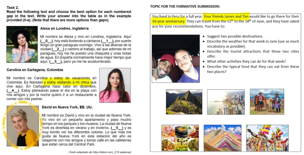 An image showing an example of class materials with photos and text in Spanish