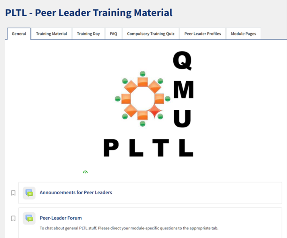 A screenshot sowing the PLTL Peer Leader Training Material page in QMplus