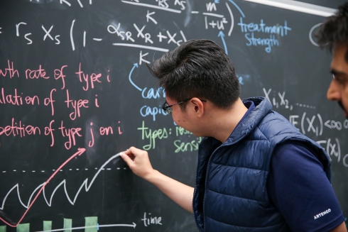 Students working at a blackboard which is covered with equations in different coloured chalk