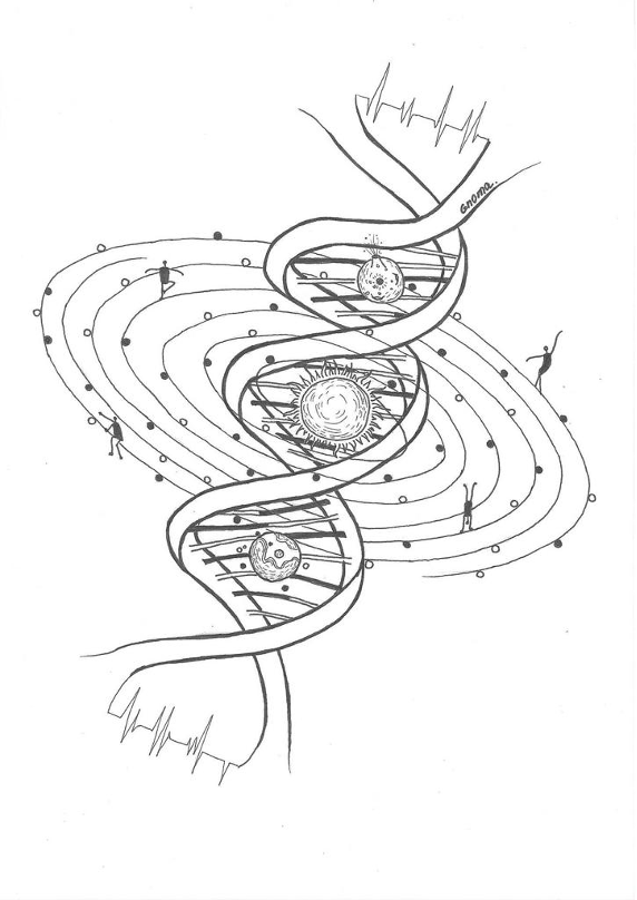 illustration of DNA matrix with sun and planets around it