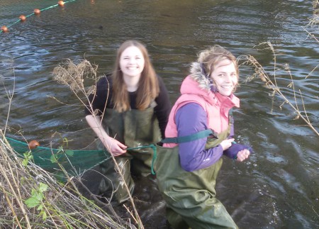 Students conducting research in a river