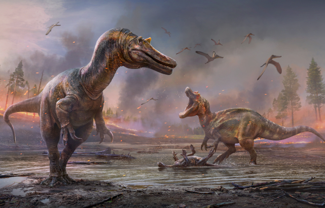 Spinosauruds which are brown scaly dinosaurs on two legs