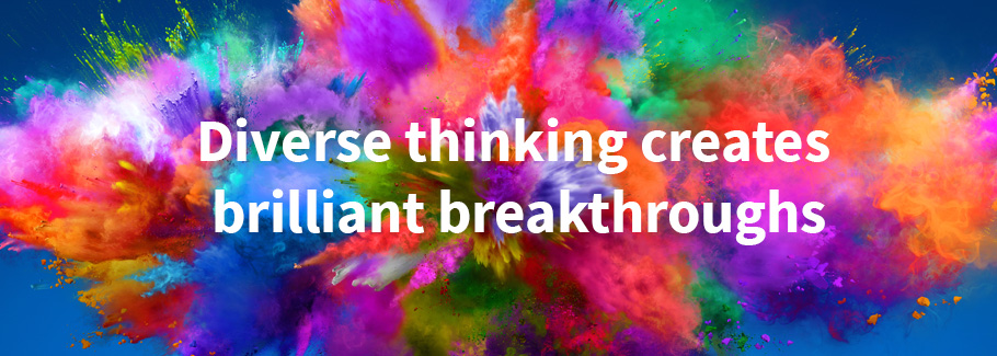 A colourful paint explosion with the caption 'Diverse thinking creates brillian breakthroughs'