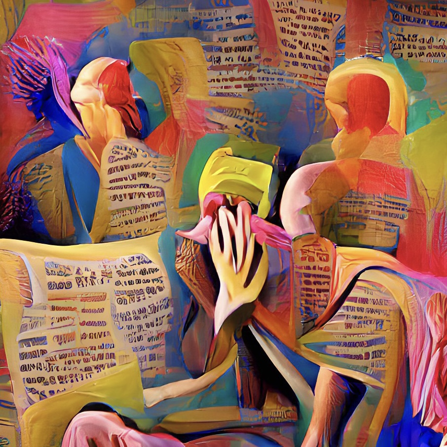 An AI-created image from https://app.wombo.art/. A vibrant abstract rendering of human figures sitting surrounded by pages of text.