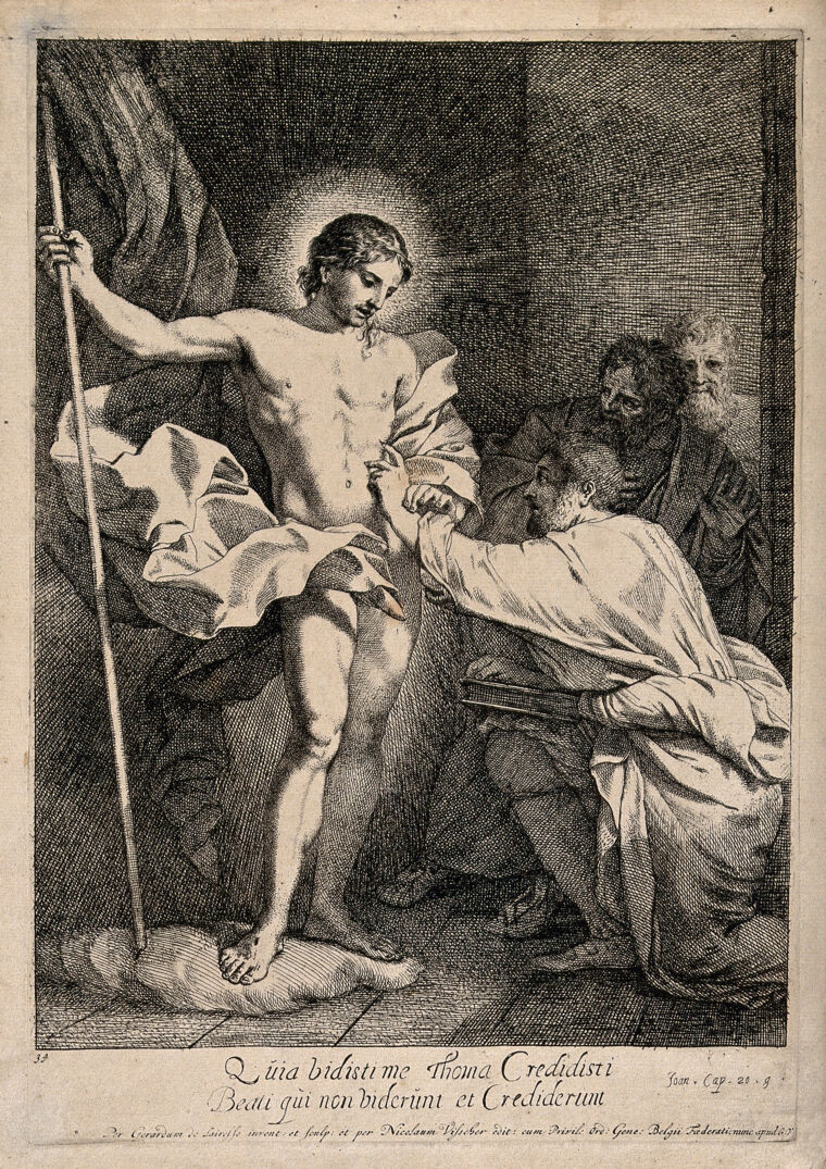 Saint Thomas the Apostle puts his finger in the lance wound of the risen Christ
