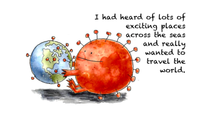Illustration from A Message from Corona showing an orange virus looking at a globe
